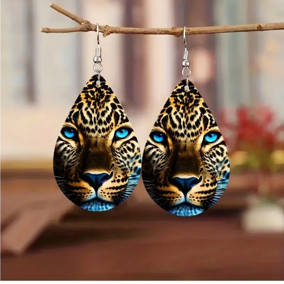 TIGER EYES Wooden Pendant Wired Pierced Earrings - Picture 1 of 4